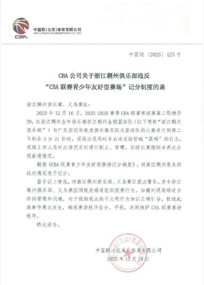 主场球迷高喊“黑哨”，浙江稠州俱乐部被CBA官方予以警告