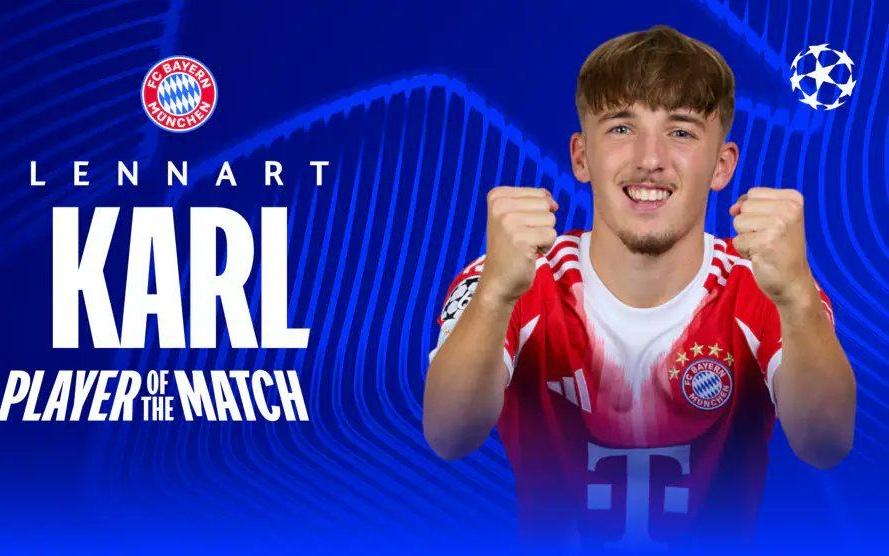 为球队首开记录！17岁卡尔当选拜仁vs布鲁日全场最佳球员