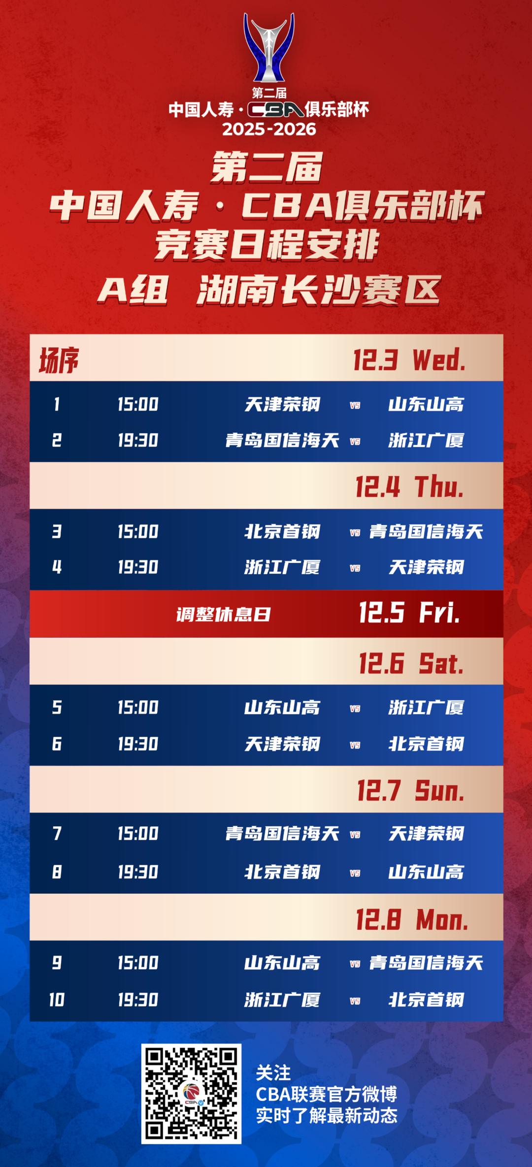 CBA俱乐部杯小组赛赛程出炉：山东高速12月3日首战天津