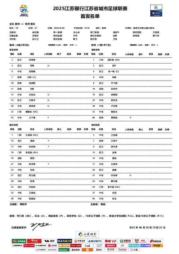 首发阵容公布！黄紫昌“苏超”首秀
