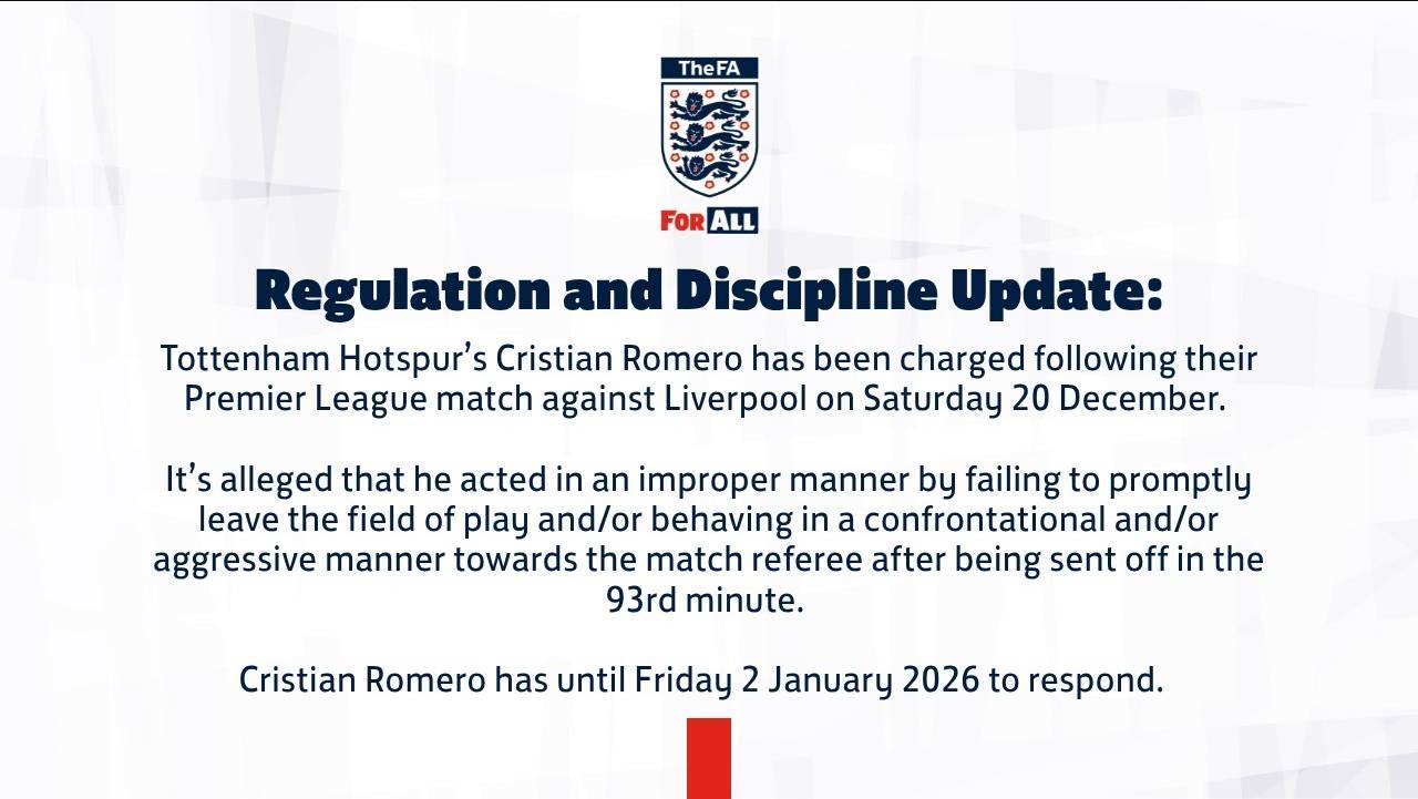 官方：罗梅罗因对利物浦染红后攻击性对抗裁判被英足总指控