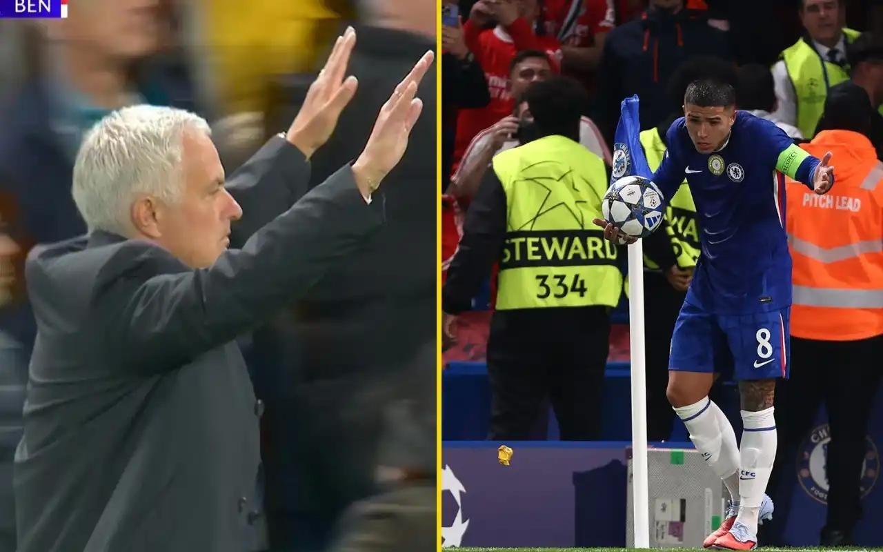 本菲卡球迷在恩佐发角球时向其投掷杂物，穆里尼奥冷静上前安抚