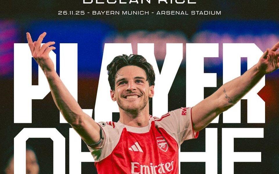 覆盖全场，赖斯当选与拜仁一役阿森纳队内最佳球员