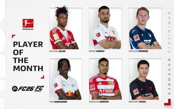 德甲11月最佳球员候选：6球2助攻的昂达夫领衔，奥利塞入选