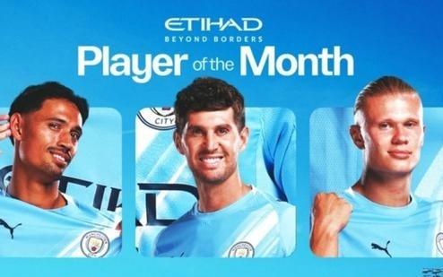曼城官方8月队内最佳候选：哈兰德、赖因德斯、斯通斯