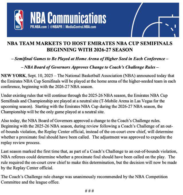 联盟官宣：明年起NBA杯半决赛将在战绩更好的球队主场进行