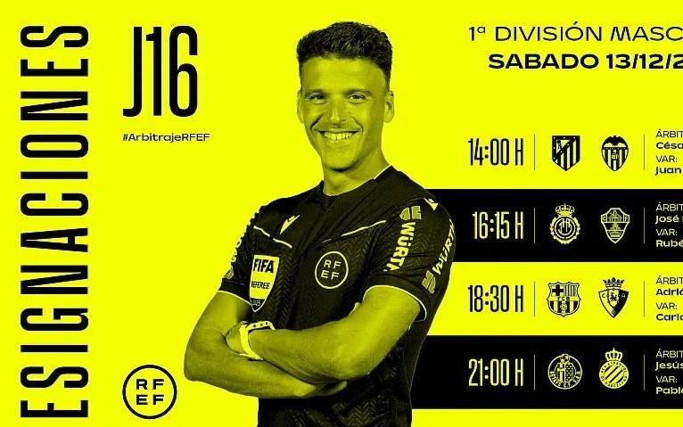 周六西甲裁判安排：科尔德罗将执法巴萨vs奥萨苏纳