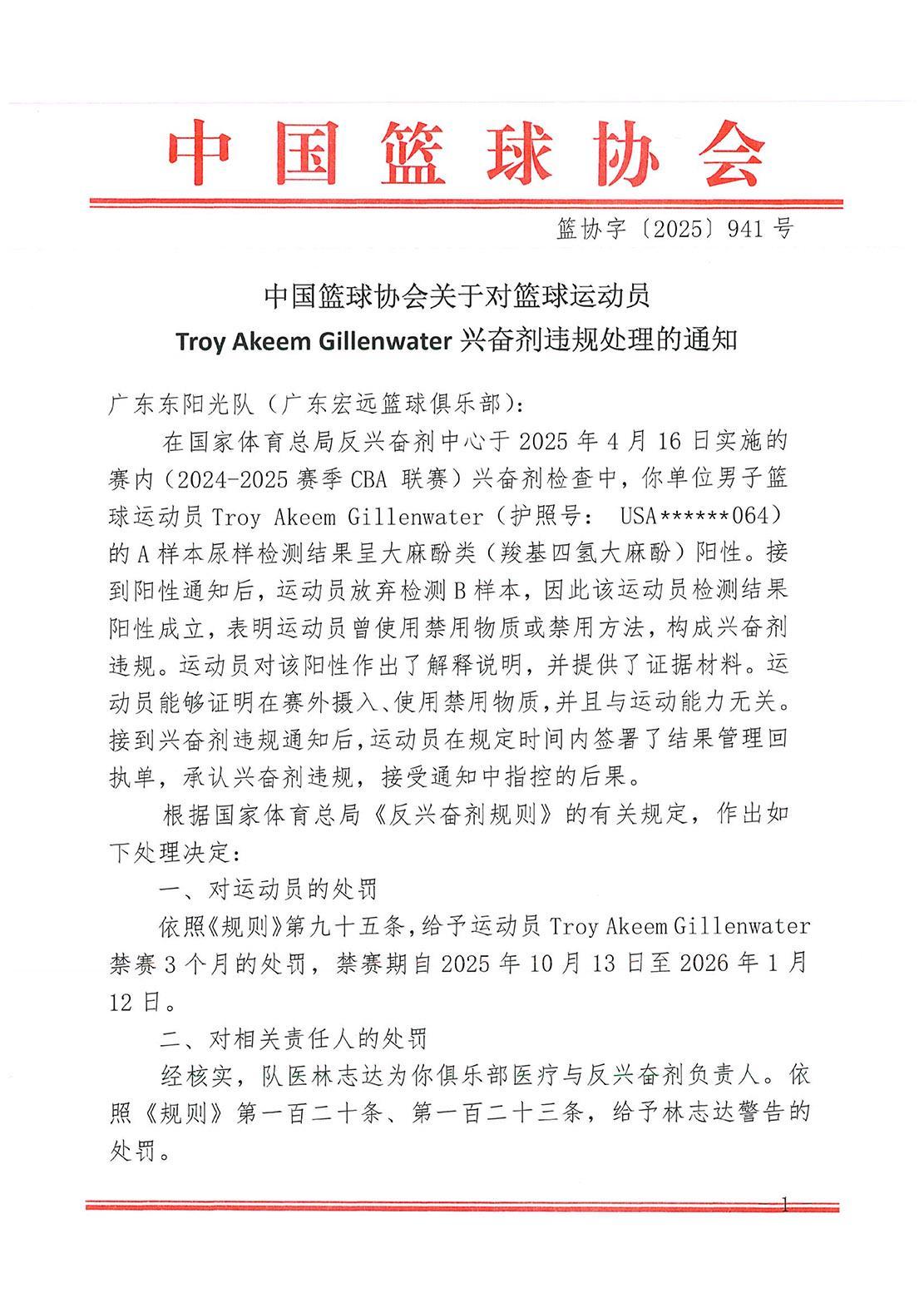 尿检呈大麻酚类阳性，CBA一美籍外援