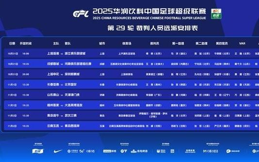 中超29轮裁判：傅明执法海港vs浙江，沙特籍裁判担任海牛vs三镇主裁