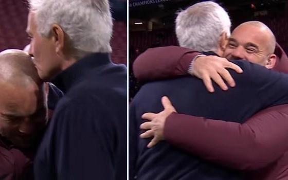 欧冠赛前穆里尼奥与两名昔日弟子重逢，并亲吻了斯内德的光头