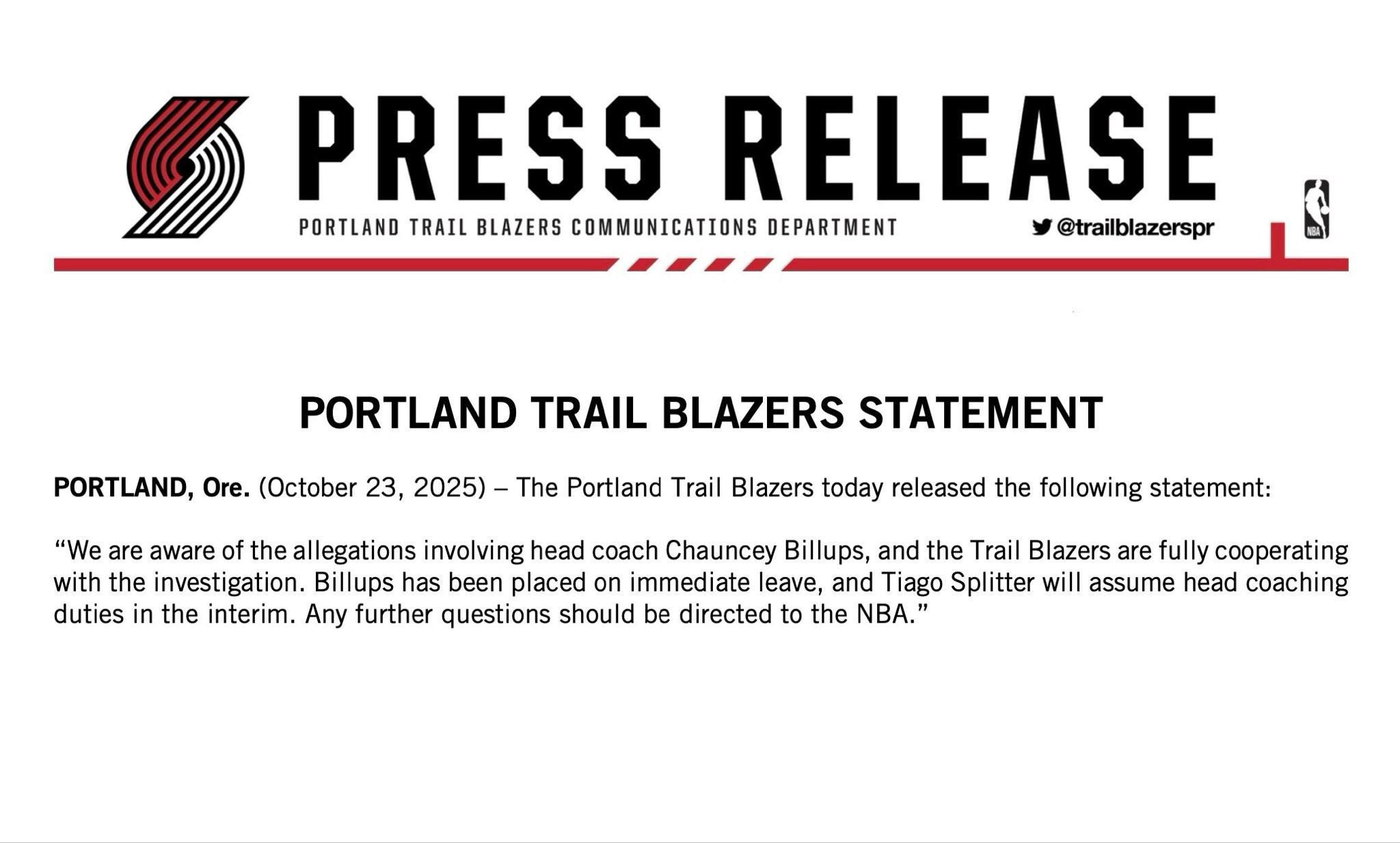 开拓者官方：比卢普斯目前已被停职，球队正全力配合调查